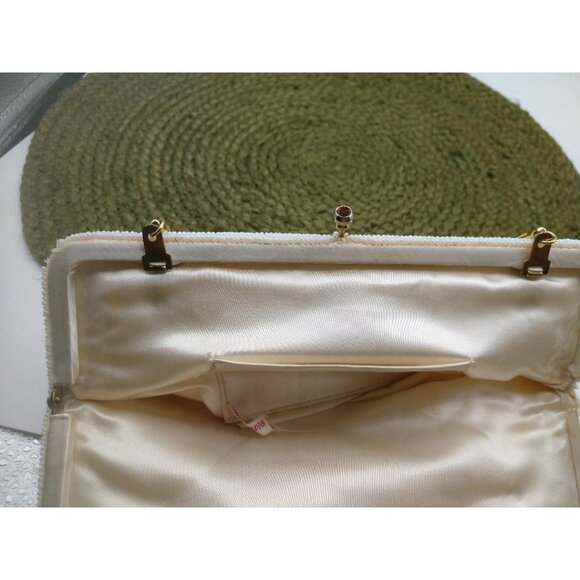 Vintage White Beaded Clutch Purse With Gold Chain & Satin Lining Made in Japan